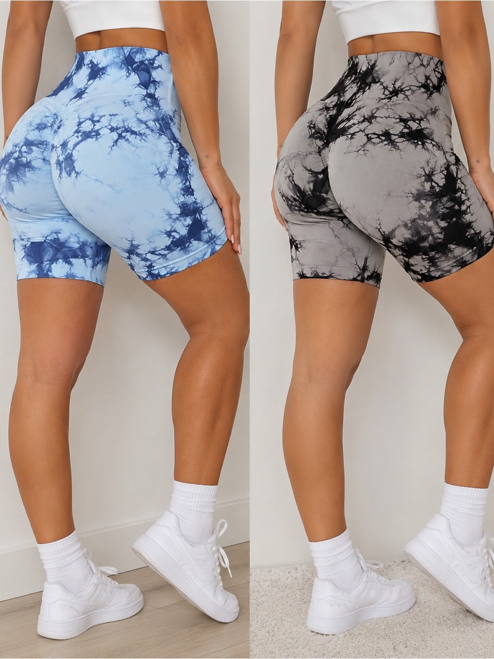 NWOT Tie Dye Scrunch Butt Biker Shorts Size Large High Waist Gym Yoga Set of 2